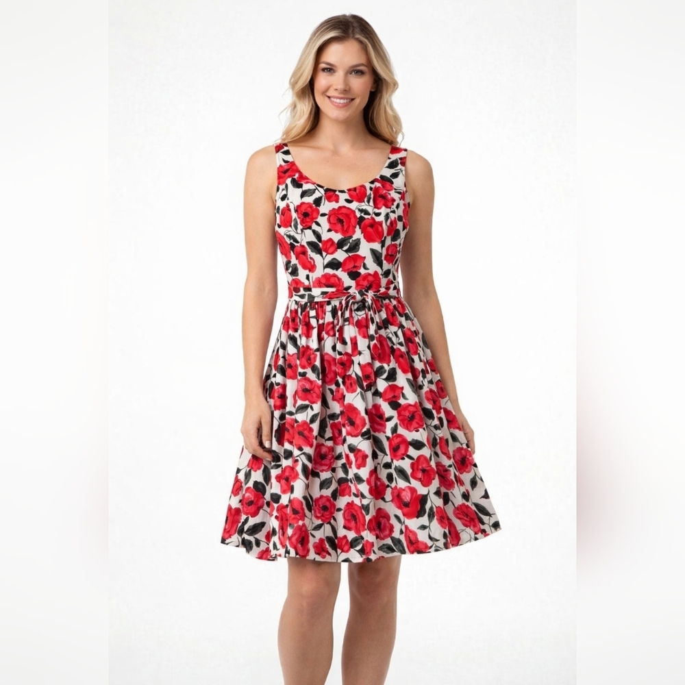 Glensport sleeveless A - line floral dress. Cotton with crinoline lined. Size 14